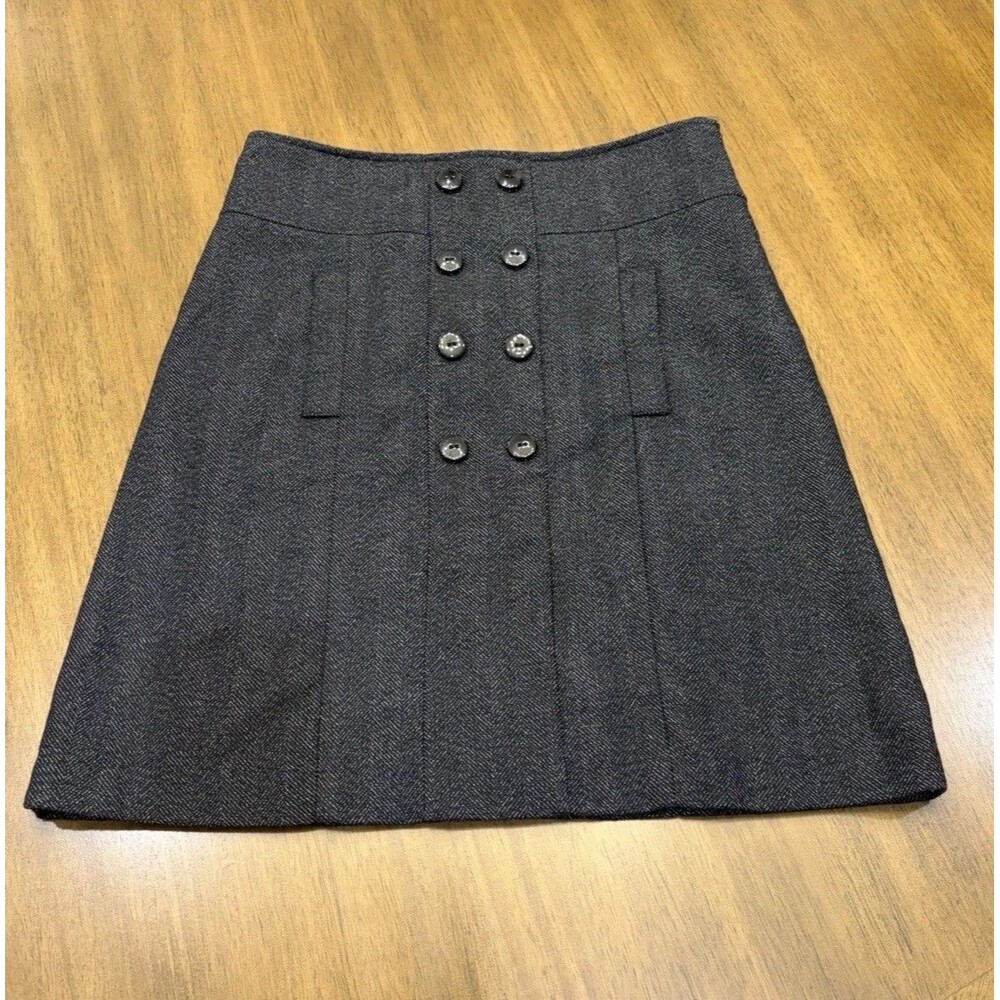 Zara Academia Wool Blend Herringbone Pleated Skirt Gray Button Front ALine L